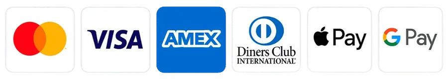 Payment method logos: Mastercard, Visa, American Express, Diners Club, Apple Pay and Google Pay