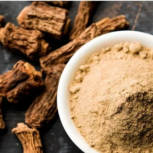 Chunks of dark catuaba bark beside a bowl of pale brown bark powder