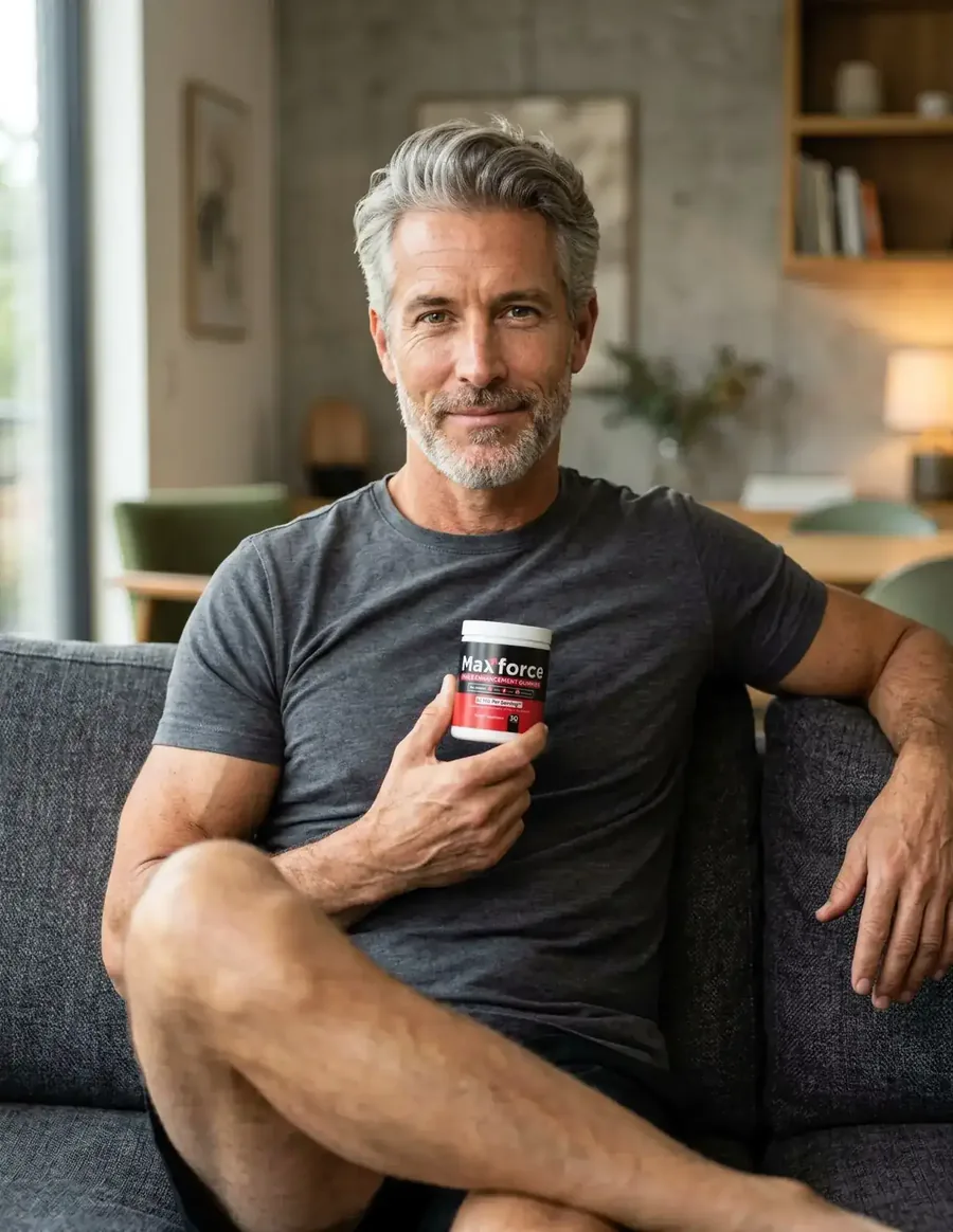 A gray-haired man in a gray T-shirt sitting on a sofa holding a Maxforce tub