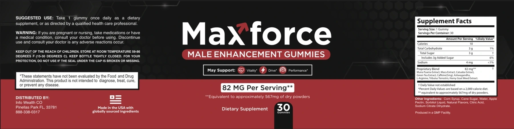 The flat Maxforce label: directions, warnings and the distributor on the left; MAX FORCE MALE ENHANCEMENT GUMMIES with the 82 MG per serving band in the middle; the Supplement Facts panel on the right