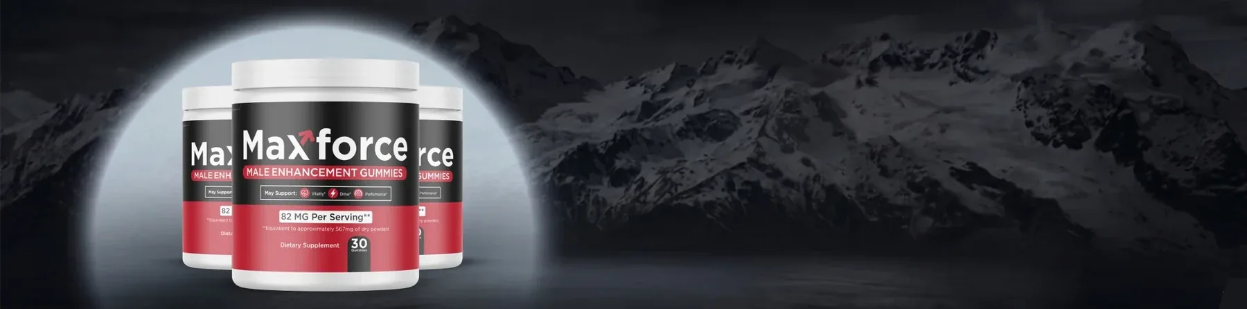 A wide banner of three Maxforce tubs in front of a dark mountain scene